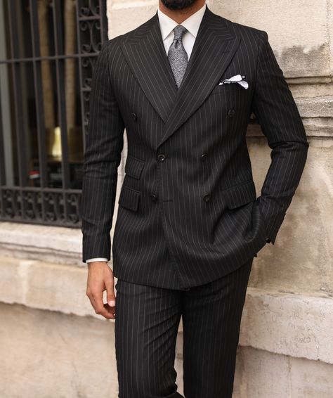 Big Lapel Suit, Men’s Black Pinstripe Suit, Suit And Scarf Men, Black Suit And Tie Men, Black 3 Piece Suit Men, Pinstripe Suits Men, Classic Suit Men, Black Double Breasted Suit Men, Men's Business Outfit