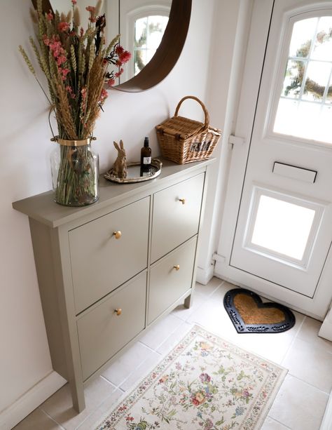 Shoe Cabinet Makeover, Ikea Hemnes Shoe, Ikea Hemnes Shoe Cabinet, Hemnes Shoe Cabinet, Ikea Shoe Cabinet, Dainty Dress, Narrow Hallway Decorating, Ikea Hemnes, Hallway Designs