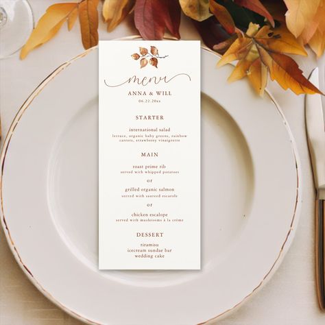 A small branch of copper beech autumn / fall foliage in watercolor and a copper and rust color scheme decorates this elegant, simple, classy and modern fall wedding reception menu card. It features modern, elegant script calligraphy with ample flourishes. Luxurious but simple, classic but chic, modern but timeless. A lovely choice for a fall or autumn wedding featuring copper, burnt orange, terracotta, beige, red, orange and other fall hues. Rust Color Schemes, Fall Wedding Menu, Chic Fall Wedding, Modern Fall Wedding, Fall Wedding Reception, Wedding Placemats, Fall Or Autumn, Wedding Reception Menu, Modern Chic Wedding