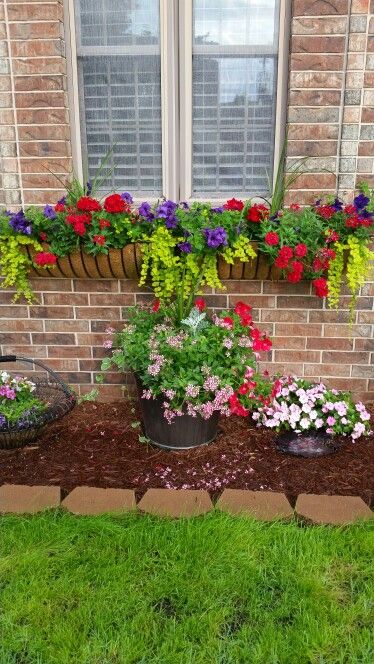 Front Of House Window Boxes, Window Box Flower Arrangements, Window Box Plants, Window Planter, Window Box Flowers, Container Gardening Flowers, Flower Pots Outdoor, Front Landscaping, Window Boxes