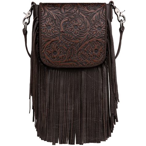 PRICES MAY VARY. Fringe crossbody purse: Made of genuine leather. Floral tooled pattern on the flap with magnetic button closure. Whipstitch details on the side of the flap. Lobster clasp which can convert to clip bag. Detachable adjustable shoulder straps (48"). Inside of the crossbody includes an open pocket; A zipper pocket on the back. Measured 8'' X 2.5" X 6.5" (Drop 24"). PLEASE NOTE :IT IS SMALL SIZE CROSSBODY BAG. Fringe Western Purse, Western Crossbody Purse, Western Purses With Fringe, Fringe Crossbody Purse, Leather Fringe Purse, Western Handbags, Western Purses, Women Crossbody Bag, Fringe Purse