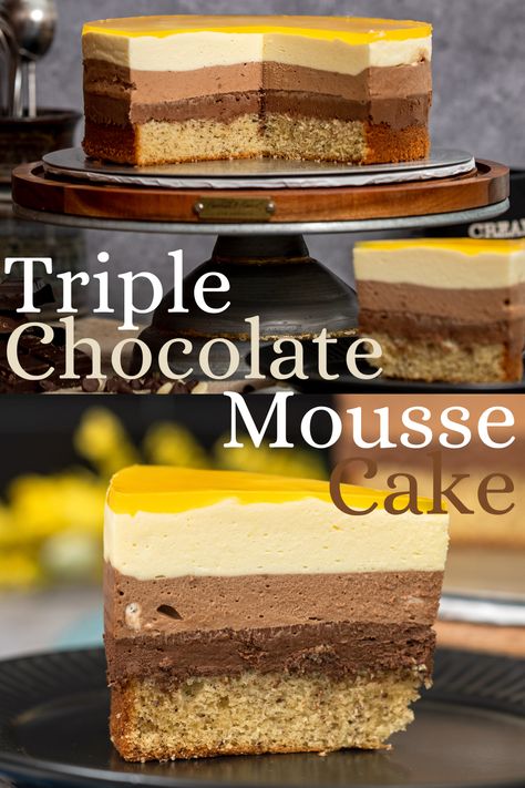 Looking for a simple cake to impress others? Make this easy triple chocolate mousse cake with dark, milk and white chocolate mousse with a passion fruit topping and a soft almond cake! Perfect to prepare the day before. Choc Mouse Cake, Luisa Bakes, Triple Chocolate Mousse, Sunday Tea, Fruit Topping, Cake Flour Substitute, Triple Chocolate Mousse Cake, Mousse Cake Recipe, Dark Chocolate Mousse