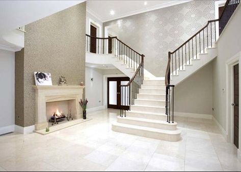 Marble Staircase Sutton-Coldfield Rh Staircase, 2 Way Staircase, Split Staircase, Dream House Entrance, Dream House Layout, Dream House Modern, Granite Worktops, Marble Staircase, Luxury Houses Mansions