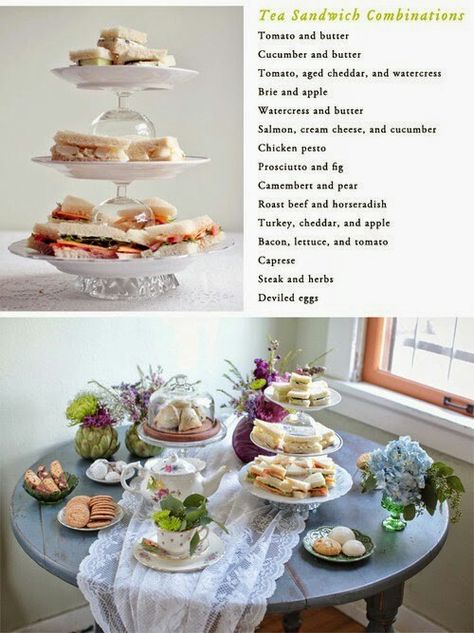 High tea sandwiches. Plates and stemware to create tiered cake stand Sandwich Combinations, Tea Sandwich, Tea Party Sandwiches, Types Of Sandwiches, Tea And Crumpets, English Tea Party, Tea Time Food, Party Sandwiches, High Tea Party