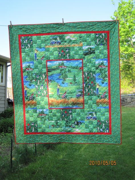 Golf quilt More Golf Quilt, Themed Quilts, Watercolor Quilt, Landscape Quilts, Panel Quilts, Golf Gifts, All Craft, Quilt Making, Pin Cushions