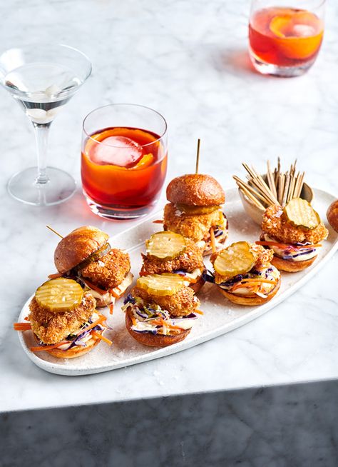 2 Dish Magazine, Sliders Recipes Chicken, Crispy Chicken Burgers, Chicken Katsu, Magazine Recipes, Slider Buns, Mini Burgers, Slider Recipes, Creamy Potato