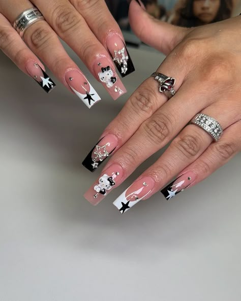 Imnotperfectbutmynailsare | Obsessed with anything Hello Kitty. ⭐️#hellokittynails #whutenaiks #blacknails #edgynails #gothnails #starnails #nailcharms #hellokittycore… | Instagram Dark Hello Kitty Nails, Hello Kitty Nails Black, Black Hello Kitty Nails, Kitty Nails, Tapered Square Nails, Punk Nails, Edgy Nails, Goth Nails, Grunge Nails