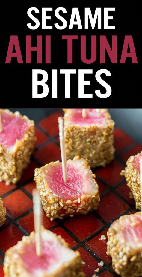 Sesame Seared Ahi Tuna Bites are a fresh and healthy appetizer. Marinade in soy sauce, sesame oil and ginger, coat in sesame seeds and sear. Keep center rare and serve with toothpicks and dipping sauce. - www.platingpixels.com #FishRecipes Tuna Steak Appetizer Recipes, Tuna Canape, Ahi Tuna Bites, Ahi Tuna Appetizer, Tuna Bites Recipe, Tuna Appetizer, Tuna Bites, Ahi Tuna Recipe, Tuna Dip