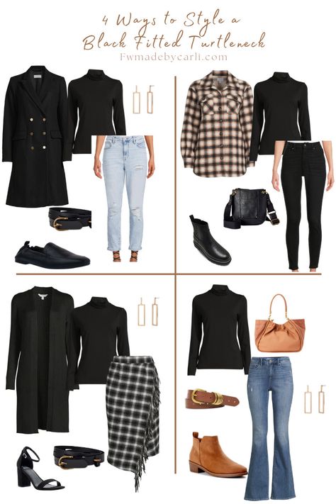 4 Ways to Style a Black Fitted Turtleneck - Made by Carli Black Turtleneck Outfit Winter, Black Turtleneck Outfit Aesthetic, Aesthetic Black Jeans, Black Jeans Outfit Work, Turtleneck Outfit Casual, Black Jeans Outfit Aesthetic, Jeans Outfit Work, Jean Outfits Fall, Black Fitted Turtleneck