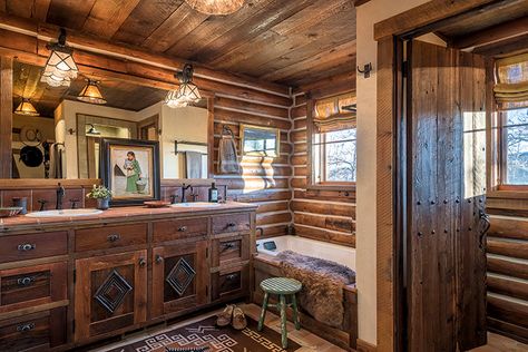 Bunkhouse Style Cabin Guest Room, River Rock Fireplaces, Log Home Builders, Log Cabin Interior, Rustic Log Cabin, Cabin Bathrooms, Hickory Furniture, Rock Fireplaces, Cabin Interiors