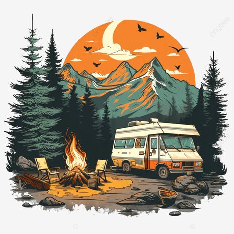 Camper Graphics, Ink Reference, Camping Tattoo, Camp Design, Camping Scene, Vietnam Travel Guide, Tshirt Printing Design, Psd Background, Black And White Tree