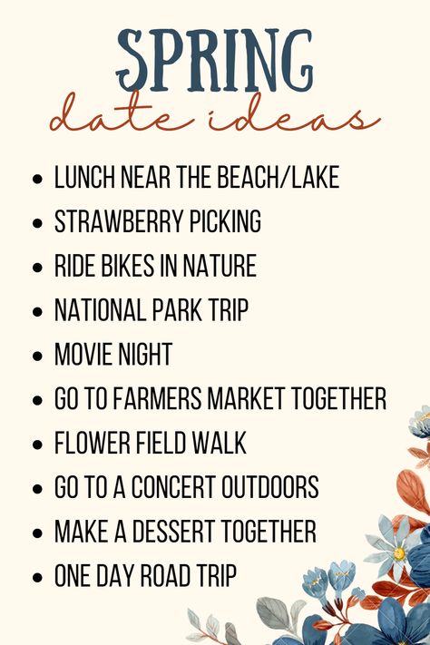 Easter Date Ideas, Couple Hobbies, Spring Date Ideas, Spring Dates, Spring Goals, Creative Date Ideas, Summer Date Ideas, Alphabet Dating, Couples Challenges