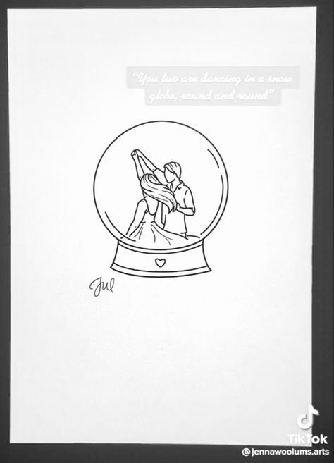 Disco Globe Tattoo, Taylor Swift Line Art Tattoo, Snowglobe Tattoo Ideas, Snow On The Beach Taylor Swift Tattoo, Taylor Swift Fine Line Art, Snow Globe Tattoo, Snowglobe Tattoo, Two People Dancing, Globe Drawing