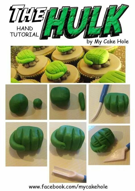 Hulks hand Hulk Hand Fondant, Hulk Cupcakes, Avengers Cupcakes, Hulk Birthday Cakes, Hulk Hands, Chocolate Nests, Avengers Cake, Hulk Party, Superhero Cupcakes