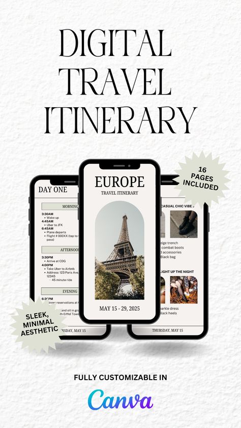 Adventure awaits! 🌍✈️ Elevate your traveling experience with our minimalist-aesthetic, fully customizable, and mobile-optimized digital itinerary template. Say goodbye to the hassles of scattered notes and hello to a cohesive, visually pleasing travel companion! Whether you're planning to wander through cobblestone streets in Europe, roadtrip down the west coast, or soak up the sun on a tropical beach, our template has everything you need to maximize your adventures 💙 Travel Preparation, Mobile Template, Vacation Itinerary, Cobblestone Streets, Visually Pleasing, Itinerary Template, Travel Itinerary Template, Digital Templates, Minimal Aesthetic