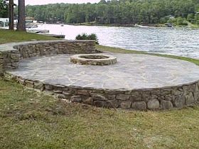 Fire Pit Flagstone, Pell City Alabama, Sitting Wall, Lake Landscaping, Fire Pit Materials, Sloped Yard, Raised Patio, Outdoor Fire Pit Designs, Fire Pit Landscaping