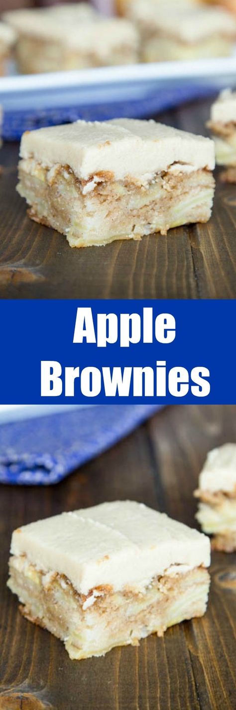 Apple Brownies - Blonde brownies full of real pieces of apple and baked until golden brown. Topped with a Cinnamon Brown Sugar Frosting to make them the perfect fall treat! Apple Brownies, Apple Blondies, Brown Sugar Frosting, Blonde Brownies, Halloween Cookie Recipes, Sugar Frosting, Cinnamon Brown, Cookie Bar Recipes, Apple Desserts