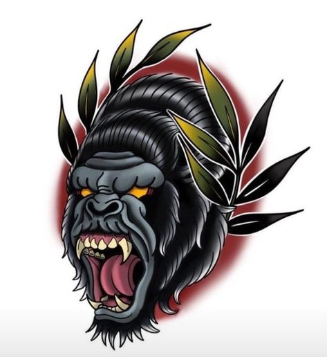 Traditional Gorilla Tattoo, Rebirth Tattoos, Traditional Tattoo Reference, Blast Over Tattoo, Colored Tattoo, Tato Flash, Tato Tradisional, Traditional Tattoo Old School, 16 Tattoo