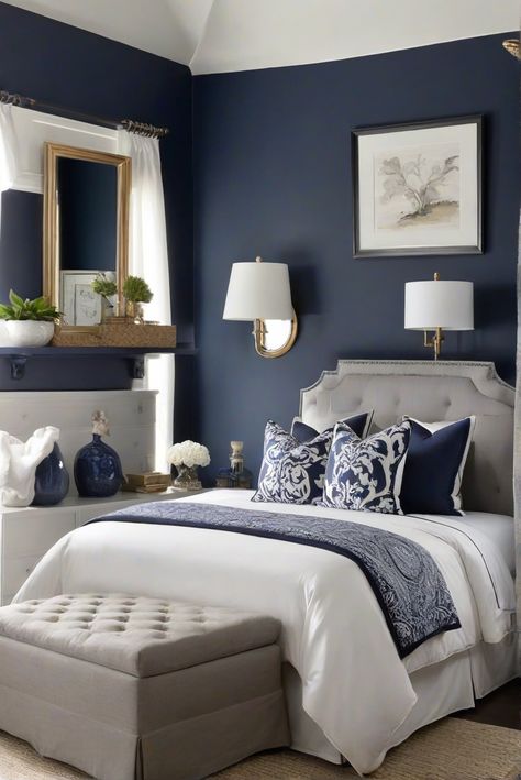 Step aboard the nautical inspiration of Naval (SW 6244) and bring moody elegance to your bedroom with this daily routine for interior design enthusiasts. Let's set sail! #Ad #homedecor #homedesign #wallpaints2024 #Painthome #interiorarchitecture Wall Colors Green Living Room Colors Bright Living Room Colors Apartment Renovation Living room Remodeling Modern Paint Colors 2024 Sw Naval Bedroom, Naval Bedroom, Bedroom With Grey Furniture, Dark Blue Accent Wall Bedroom, Modern Blue Bedroom, Sw Naval, Naval Sw 6244, Navy Blue Bedroom Walls, Colorful Living Room Bright