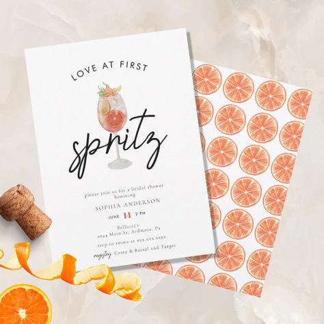 Love At First Spritz Theme, Aperol Spritz Bridal Shower Theme, Minimalist White Background, Love At First Spritz, Tropical Bridal Shower Invitations, Bridal Shower Inspo, Invitations Ideas, Tropical Bridal Showers, Summer Bridal Showers