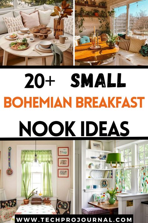 I'm loving the cozy vibes of these small bohemian breakfast nook ideas. With layered textures, earthy tones, and plenty of character, these Bohemian breakfast nooks are perfect for bringing that relaxed, boho style to even the smallest spaces. Kitchen Relaxing Area, Kitchen Breakfast Room Ideas, Alternative Breakfast Nook Ideas, Boho Banquette Seating, Floating Shelves Breakfast Nook, Breakfast Nook Wall Art, Small Space Dining Ideas, Boho Kitchen Table And Chairs, Breakfast Nook Plans