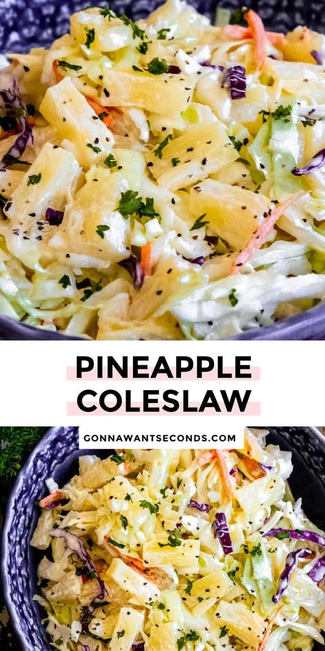 *NEW* This pineapple coleslaw is crazy easy to put together, full of flavor, then is coated with a luscious, velvety, sweet dressing! #pineapplecoleslaw #coleslaw Pineapple Slaw, Pineapple Coleslaw Recipe, Pineapple Coleslaw, Easy Vegetable Side Dishes, Vegetable Side Dishes Recipes, Coleslaw Recipe, Salad Dressing Recipes, Side Salad, Dinner Dishes