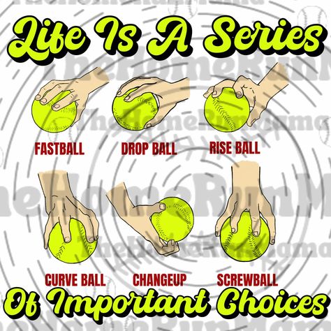 Introducing the perfect design for softball lovers who know that "Life is a Series of Important Choices." At the heart of this unique design is a captivating illustration that captures the essence of the game's strategy--a pitcher's hand holding six different types of pitches, each meticulously labeled to showcase its specific style. From the fastball to the curveball, each pitch is a testament to the skill and choices that define the sport. This design isn't just for show--it's a celebration of the decisions that players make on and off the field, reflecting the precision and thoughtfulness that softball demands. Whether you're choosing which pitch to throw next or selecting your next piece of personal gear, this design has got you covered. Available on a variety of items including shirts Softball Grips Pitch, Cute Softball Quotes, Softball Team Mom, Softball Chants, Softball Cheers, Softball Workouts, Softball Pitcher, Softball Drills, Softball Pitching