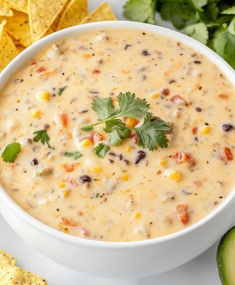 Cowboy Queso Recipe Queso Soup, Cowboy Queso, Tater Tot Appetizers, Cowboy Soup, Berry French Toast Casserole, Little Smokies Recipes, Veggie Salads, Smokies Recipe, Corn Recipes Side Dishes