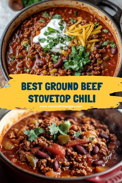 Satisfy your chili cravings with this ultimate Ground Beef Stovetop Chili! A simple and delicious recipe that’s full of bold flavors, it’s the perfect dish for any occasion, from weeknights to weekend gatherings. Chili Recipe On Stovetop, Chili Recipe One Pot, Chilli Stovetop Recipe, Best Homemade Chili Recipe Crock Pot, Easy Thick Chili Recipe, Chili Recipe With Beef And Sausage, Chili With Hamburger Meat, Cozy Chili Recipe, Texas Chilli No Beans