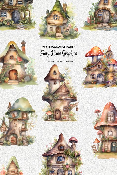 Create a world of magic and wonder with our enchanting watercolor fairy house clipart. These captivating designs bring fairy tales to life, featuring whimsical fairy houses adorned with vibrant colors and intricate details. Perfect for creating invitations, greeting cards, and wall art, our watercolor fairy house clipart will add a touch of enchantment to your designs. Let your imagination soar as you transport your audience to a realm of fairies and mystical creatures. Mushroom Houses, House Png, House Watercolor, Garden Houses, House Clipart, Magic House, Cute Cottage, Mushroom House, Fairy Garden Houses