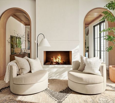 Balboa Swivel Chair | Pottery Barn Large Round Chair Living Room, White Swivel Chair Living Room, 4 Swivel Chairs Sitting Area, Small Sitting Room Design, 2nd Living Room Ideas, Cozy Fireplace Seating, Front Office Decor, 2 Chairs Sitting Area, Small Sitting Room Ideas