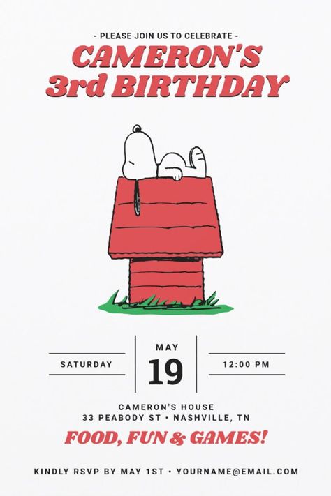 Peanuts Snoopy Dog House Birthday Invitation
Invite all your family and friends to your Birthday Party this year with these super cute Peanuts invitations featuring Snoopy! Personalize by adding all your party details! Snoopy Decorations Birthday Parties, Snoopy Party Decorations, Snoopy Themed Birthday Party, Snoopy Birthday Party Ideas, Snoopy Party Ideas, Peanuts Birthday Cake, Snoopy Birthday Invitations, Snoopy Decorations, Snoopy Birthday Party