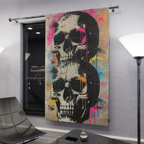 Transform your living space into a vibrant statement with our Window Blackout Curtain featuring two stacked black and white skulls with graffiti splashes of bright color. This exquisite curtain not only enhances your home decor but also provides the perfect solution for controlling light and ensuring privacy. Perfect Gift for Punk 80's Decor Enthusiasts: Ideal for those who appreciate the bold and rebellious aesthetic of the 80's punk scene and want to bring that energy indoors.  - Measurements: Funky Loft Decor, Graffiti Decor Interior Design, Punk Rock Bathroom, Graffiti Art Interior Design, Punk Home Decor, Eclectic Industrial Decor, Graffiti Curtains, Rebellious Aesthetic, Curtain Black And White