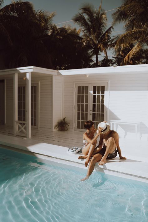 Couple at the pool, summer engagement photos, beach engagement photos, couples photoshoot at the pool Villa Couple Photoshoot, Pool Prenup Ideas, Poolside Engagement Photos, Poolside Shoot, Miami Elopement, Miami Engagement Photos, Pool Shoot, Pool Photoshoot, Villa Photography