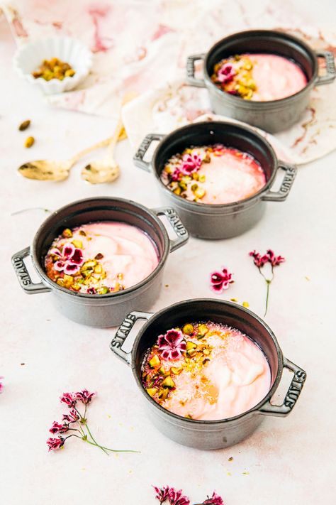 malabi Flowers Recipes, Milk Custard, Yotam Ottolenghi Recipes, East Recipes, Cake Mug, Pink Food Coloring, Pink Foods, Baking Blog, Arabic Food