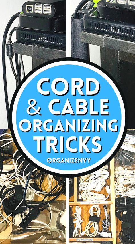 Cord & cable organizing tricks Organize Cables Cords Behind Tv, Cable Organization Storage, Cable Storage Ideas, Cords Organization, Cord Organization Storage, Usb Cable Storage, Power Cord Organizer, Power Cord Storage, Tv Cords