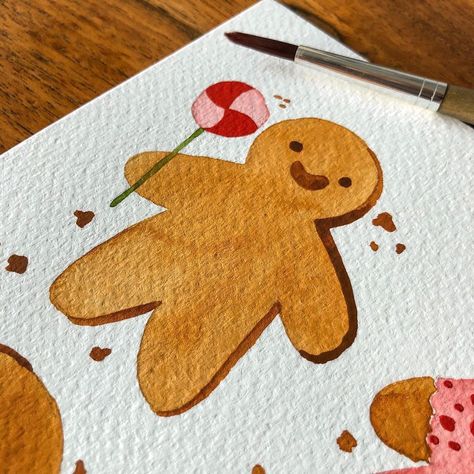 Christmas Paintings Santa, Xmas Watercolor Cards, Cute Gingerbread Man Drawing, Gingerbread Painting, Gingerbread Man Sketch, Gingerbread Illustration, Santa Illustration, Watercolor Santa, Gingerbread Man Illustration