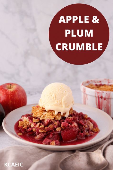 Plum and apple crumble on a plate with a scoop of vanilla ice cream. Easy Crumble Topping, Plum And Apple Crumble, Plum Dessert, Plum Crumble, Baked Fruit, Fruit Dishes, Crumble Topping, Apple Crumble, Cozy Night