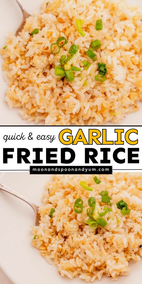 This easy and delicious garlic fried rice is a great way to use up any leftover rice you might have in the fridge! Also known as Filipino garlic fried rice or sinangag, it’s a breakfast staple for many Filipinos worldwide but can also be eaten practically any time of the day. Garlic Rice Recipes Filipino, Garlic Rice Filipino, Japanese Garlic Fried Rice Recipe, Garlic Fried Rice Recipe, Garlic Egg Fried Rice, Instant Rice Recipes, Filipino Garlic Fried Rice, Easy Fried Rice Allrecipes, Garlic Rice Recipes