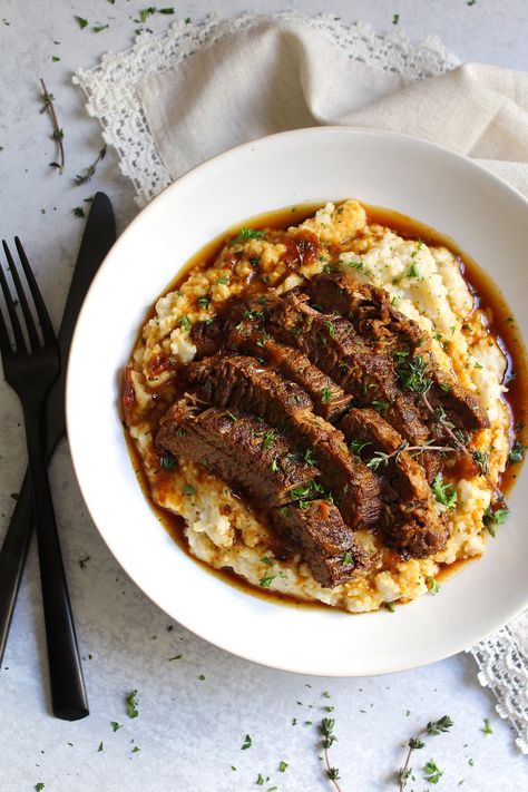 Half Baked Harvest Brisket, Instant Pot Beef Brisket, Pork Brisket, Beef Brisket Recipes, Cheesy Grits, Cheese Grits, Potted Beef, Brisket Recipes, Brown Gravy