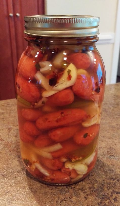 Spicy Pickled Sausage Recipe, Penrose Hot Sausage Recipe, Pickled Wieners Recipe, Pickled Bologna Recipe, Pickled Sausage Recipe, Hot Sausage Recipes, Pickled Meat, Pickled Sausage, Pickled Eggs Recipe