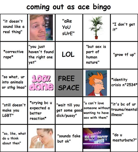 Asexual Starter Pack, Aroace Bingo, Aroace Humor, Bisexual Wallpaper Iphone Aesthetic, Asexual Humor, Ace Pride, Asexual Pride, Bingo Board, Gay Memes