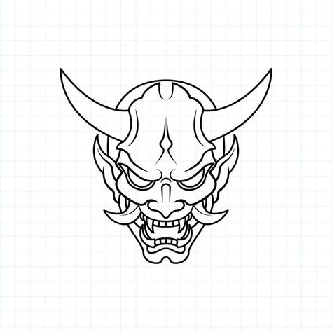 Oni Mask Drawing Simple, Satanic Tattoo Stencil, Simple Oni Mask Tattoo, Oni Mask Drawing, Demons Tattoo, Japanese Demon Tattoo, Japanese Mask Tattoo, Japanese Oni Mask, Oni Mask Tattoo