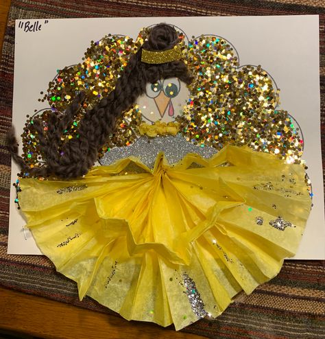 Belle from “Beauty and the Beast” Belle Turkey Disguise, Disguise A Turkey Belle, Turkey Disguise Project Princess, Princess Turkey Disguise, Disguise A Turkey Princess, Tom The Turkey Disguise, Toddler Diy Activities, Turkey In Disguise Ideas, Hide The Turkey