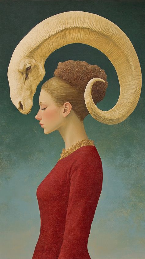 An ethereal depiction of Aries, this artwork captures her fiery spirit and determination in a Quint Buchholz-inspired, dreamlike style. Aries Painting, Quint Buchholz, Aries Goddess, Venus Art, Aries Aesthetic, Aries Aquarius, Pin Boards, The Witch, Art Characters