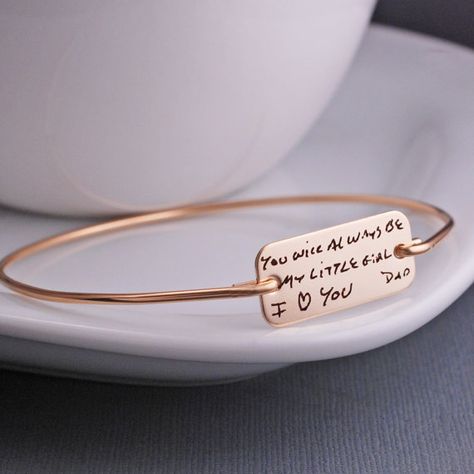 You Will Always Be My Little Girl Bracelet - Holiday Gift Guide Handwriting Bracelet, Engraved Handwriting, Personalised Bangle, Handwriting Jewelry, Bracelet Size Chart, Handmade Gold Jewellery, Engraved Bracelet, Gold Diamond Earrings, Memorial Jewelry