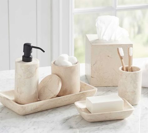 Marble Bathroom Accessories, Marble Accessories, Counter Top Accessories, Marble Bath, Bathroom Accessories Sets, Glass Canisters, Soap Pump, Bathroom Accessory Set, Marble Bathroom