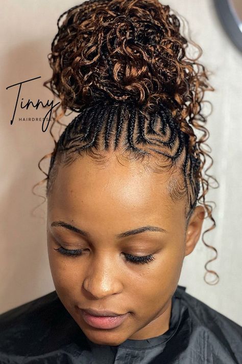 Cornrows Braids Updo Ponytail, Hair Styles Straight Up, Fishtail Rasta Hairstyles With Braids, Cornrow High Bun, Stitch Braids Into Low Bun With Curls, Feed In Braids Cornrows Updo, Straight Up Hairstyles For Black Women, Conrols Hair Style, Straight Back With Braids At The Back