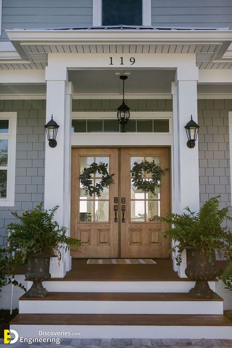 50 Gorgeous Colorful Front Door Design Ideas To Welcome Your Guests - Engineering Discoveries Double Front Entry Doors, Farmhouse Front Door, Door Colors, Garage Door Design, Double Front Doors, Farmhouse Front Porches, Exterior Front Doors, Front House, Farmhouse Front