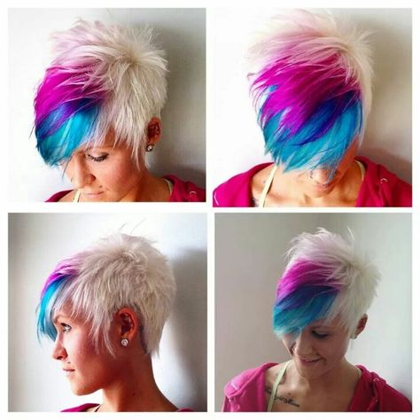 White blue and pink pixie Pixie Cut Color, Platinum Blonde Pixie, Rainbow Hair Color, Pixie Hair, Blonde Pixie Cuts, Bright Hair, Funky Hairstyles, Short Hair Color, Haircut And Color